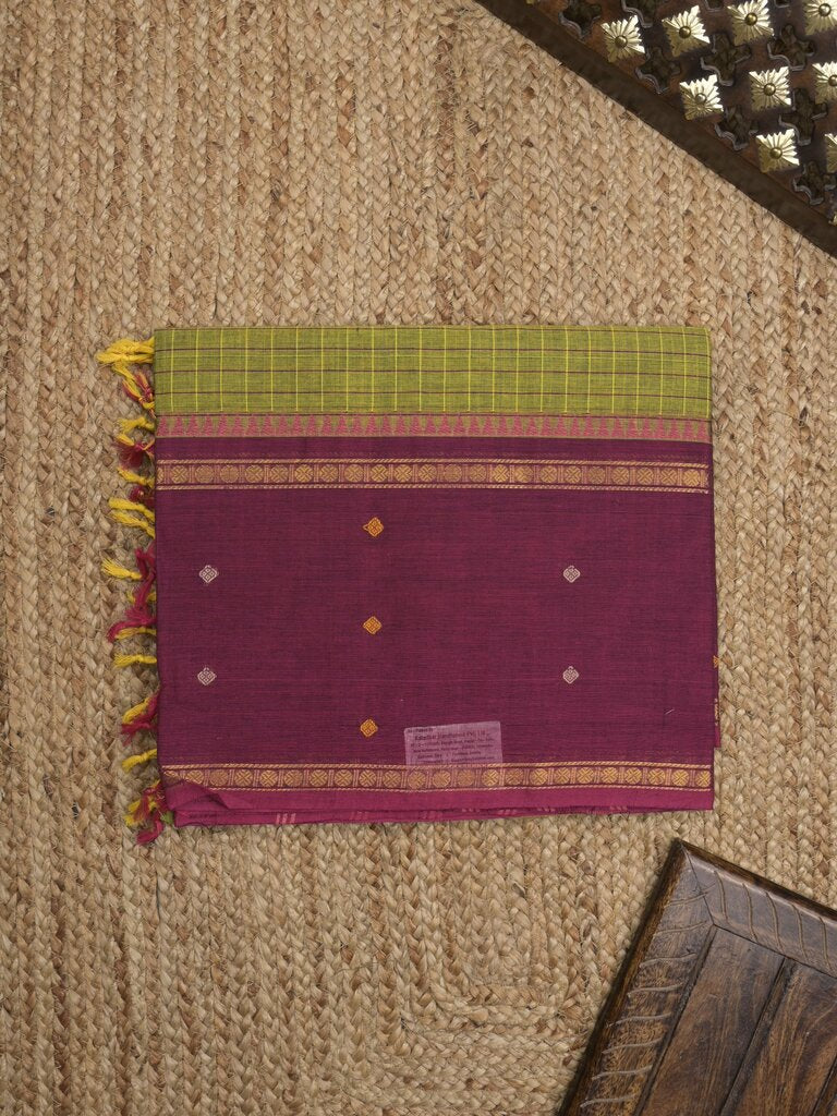 Kanchi cotton saree allover checks with contrast border with attached self-blouse
