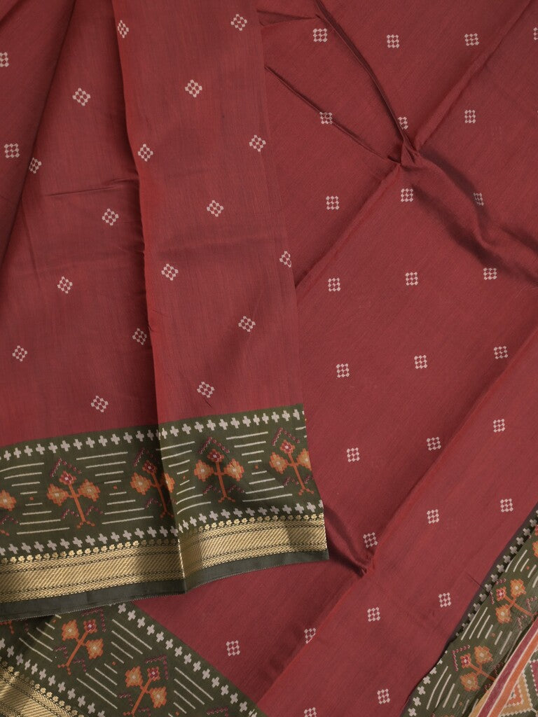 Maheshwari fancy saree maroon color allover motifs & zari border with printed pallu and contrast blouse