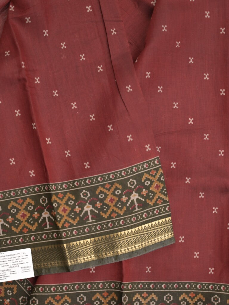 Maheshwari fancy saree maroon color allover motifs & zari border with printed pallu and contrast blouse