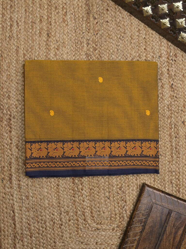 Kanchi cotton saree allover motifs with contrast border and attached self blouse