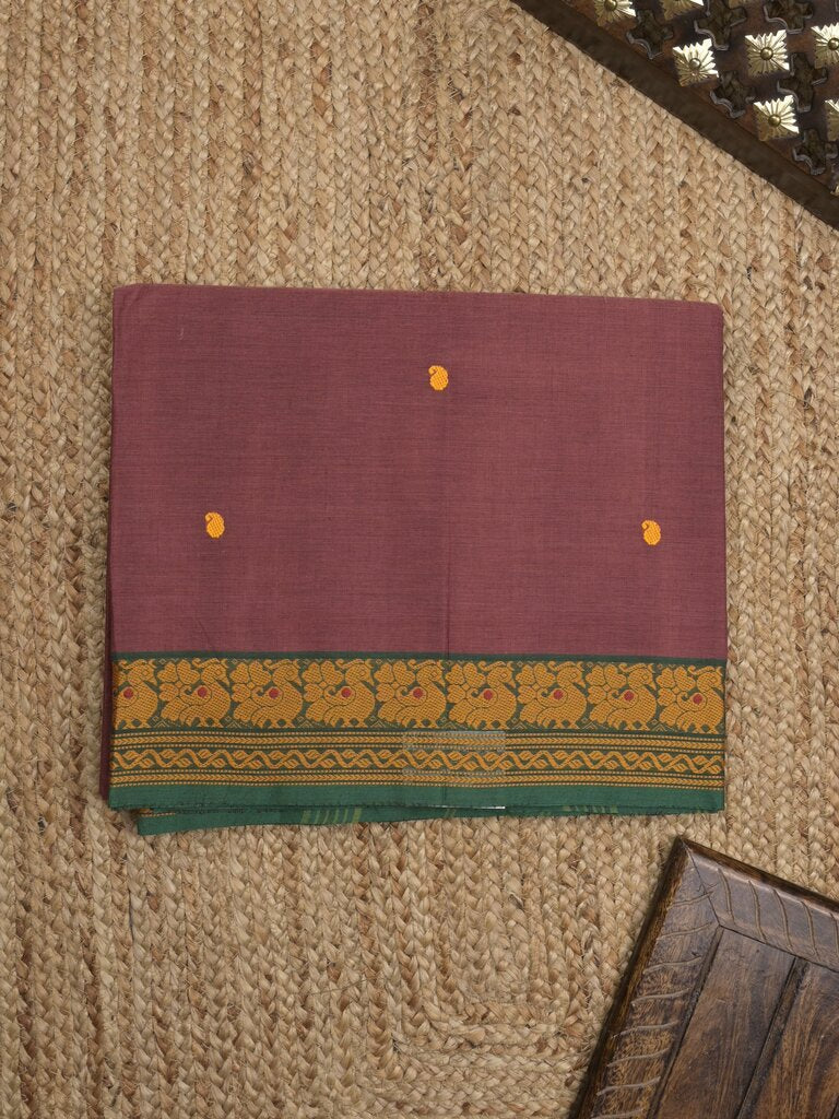 Kanchi cotton saree allover motifs with contrast border and attached self blouse
