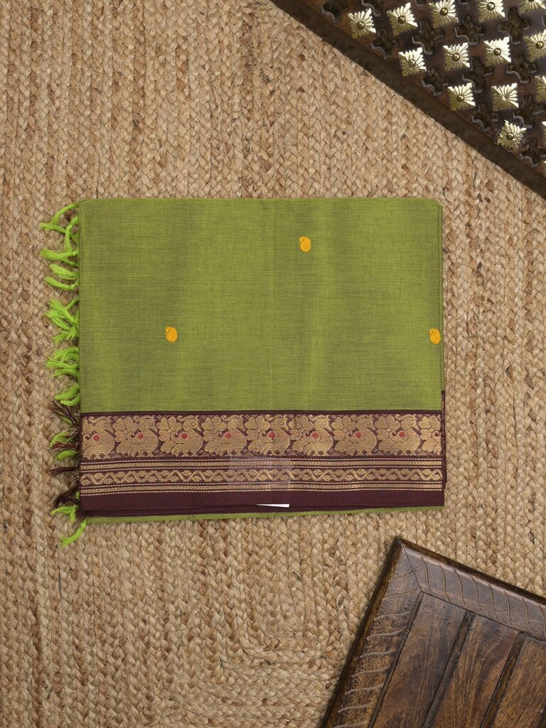 Kanchi cotton saree allover motifs with contrast border and attached self blouse