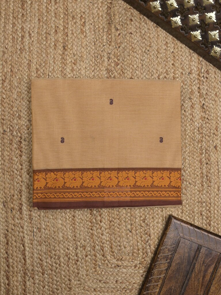 Kanchi cotton saree allover motifs with contrast border and attached self blouse