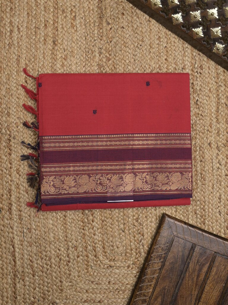 Kanchi cotton saree allover motifs with contrast border and attached self blouse
