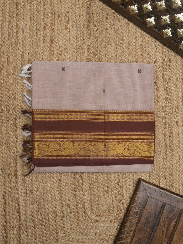Kanchi cotton saree allover motifs with contrast border and attached self blouse