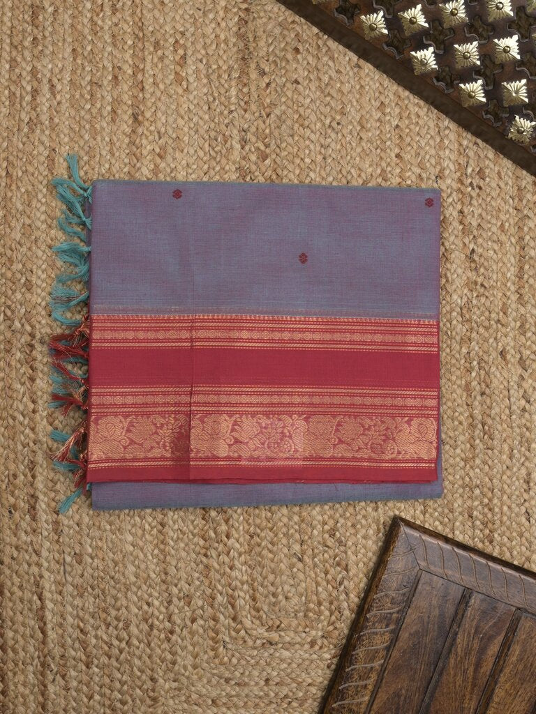 Kanchi cotton saree allover motifs with contrast border and attached self blouse