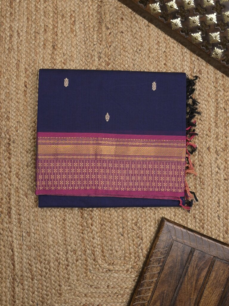 Kanchi cotton saree allover motifs with contrast border and attached self blouse