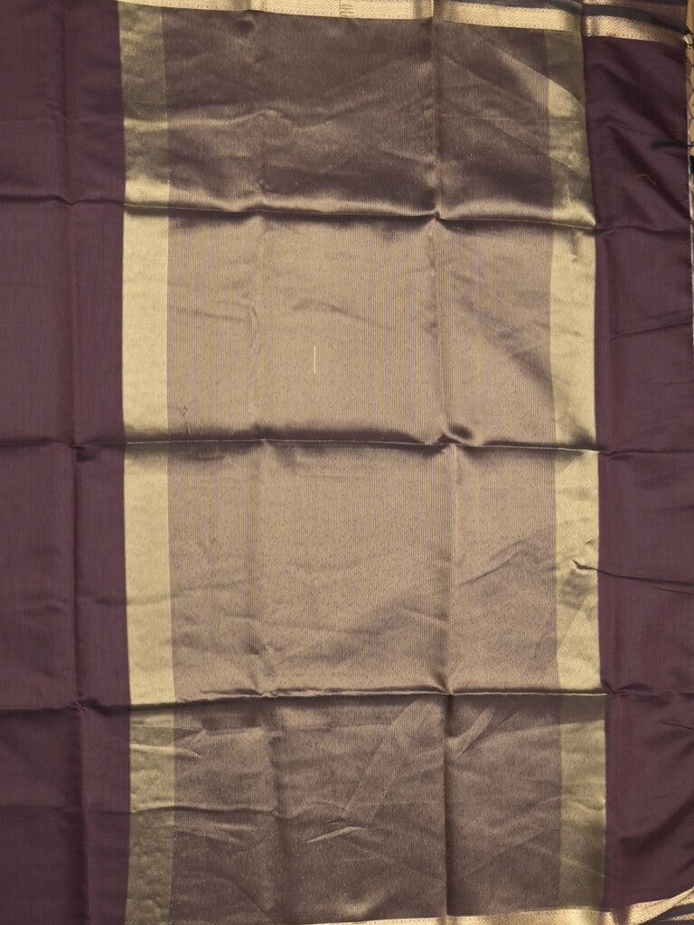 Maheshwari fancy saree dark brown color allover plain and small kaddi border with self pallu and attached blouse