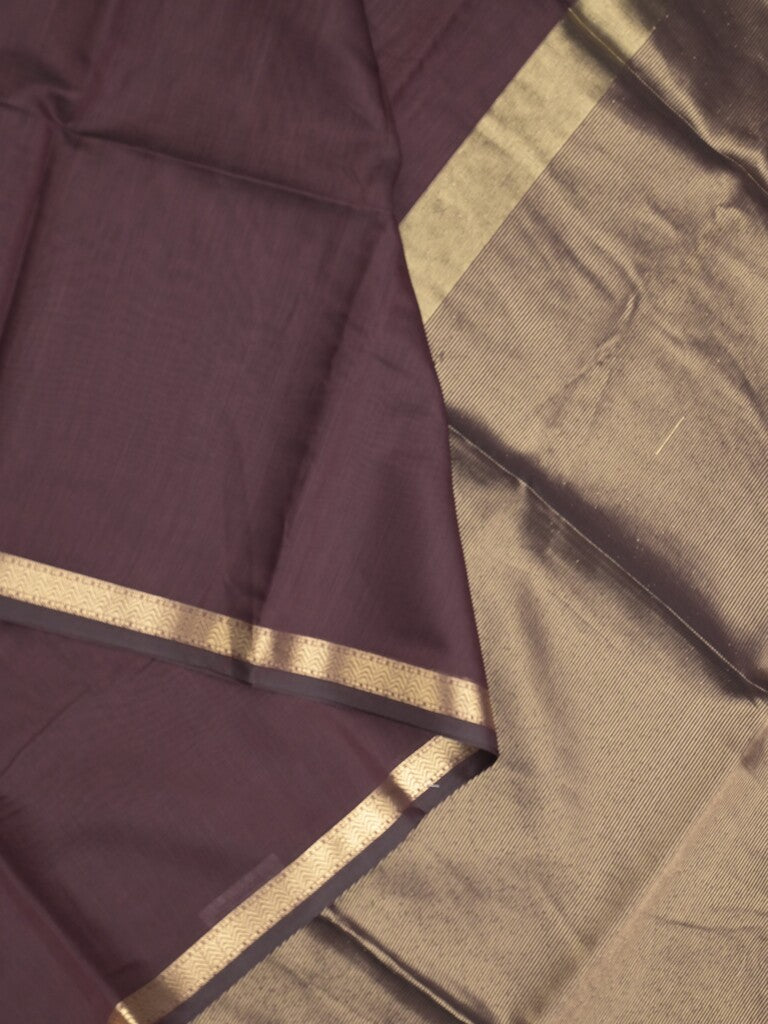Maheshwari fancy saree dark brown color allover plain and small kaddi border with self pallu and attached blouse