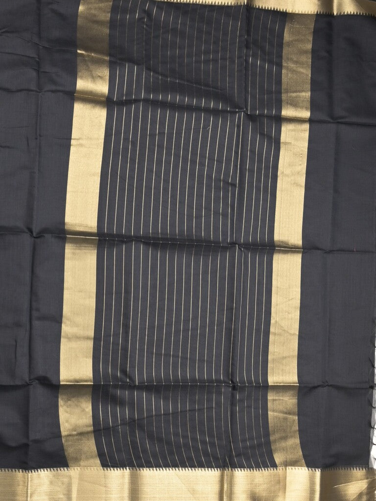 Maheshwari fancy saree black color allover plain and temple border with stripes pallu and attached blouse