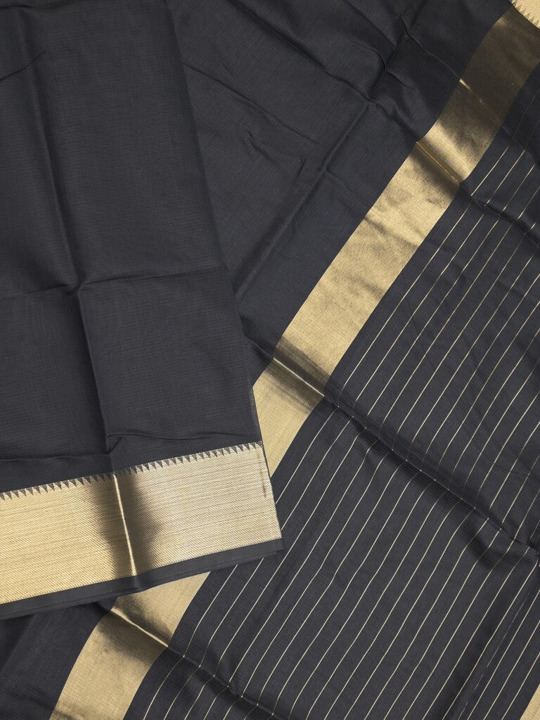 Maheshwari fancy saree black color allover plain and temple border with stripes pallu and attached blouse