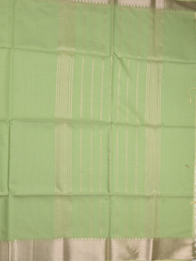 Maheshwari fancy saree pista green color allover plain and temple border with stripes pallu and attached blouse