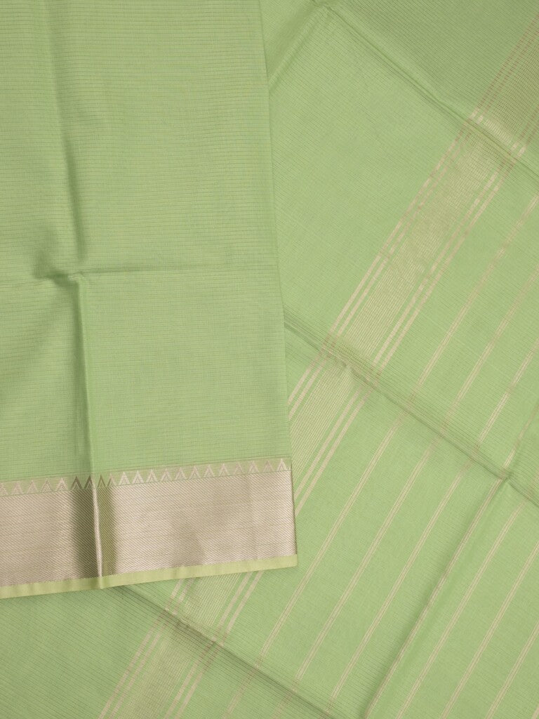 Maheshwari fancy saree pista green color allover plain and temple border with stripes pallu and attached blouse