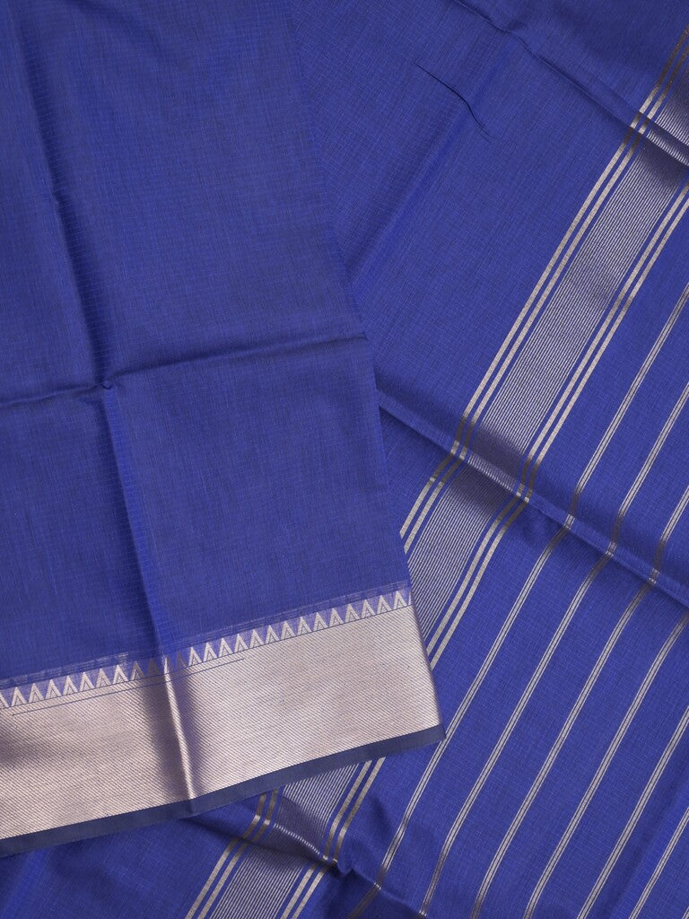 Maheshwari fancy saree royal blue color allover plain and temple border with stripes pallu and attached blouse