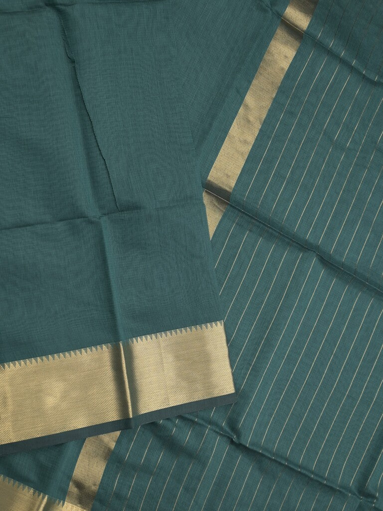 Maheshwari fancy saree peacock green color allover plain and temple border with stripes pallu and attached blouse