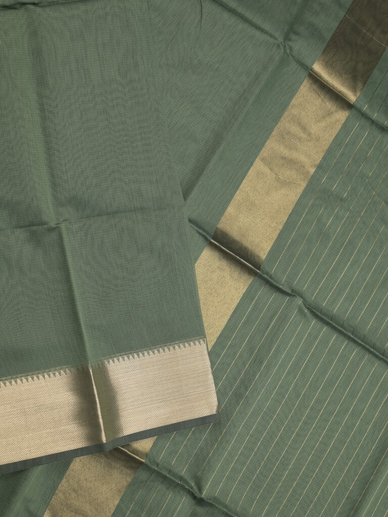 Maheshwari fancy saree leaf green color allover plain and temple border with stripes pallu and attached blouse