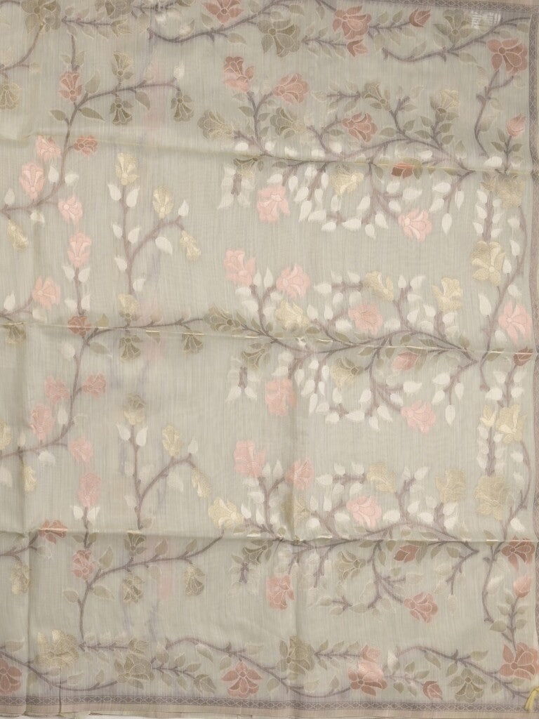Chanderi fancy saree light grey color allover weaves & weaving pallu and attached plain blouse