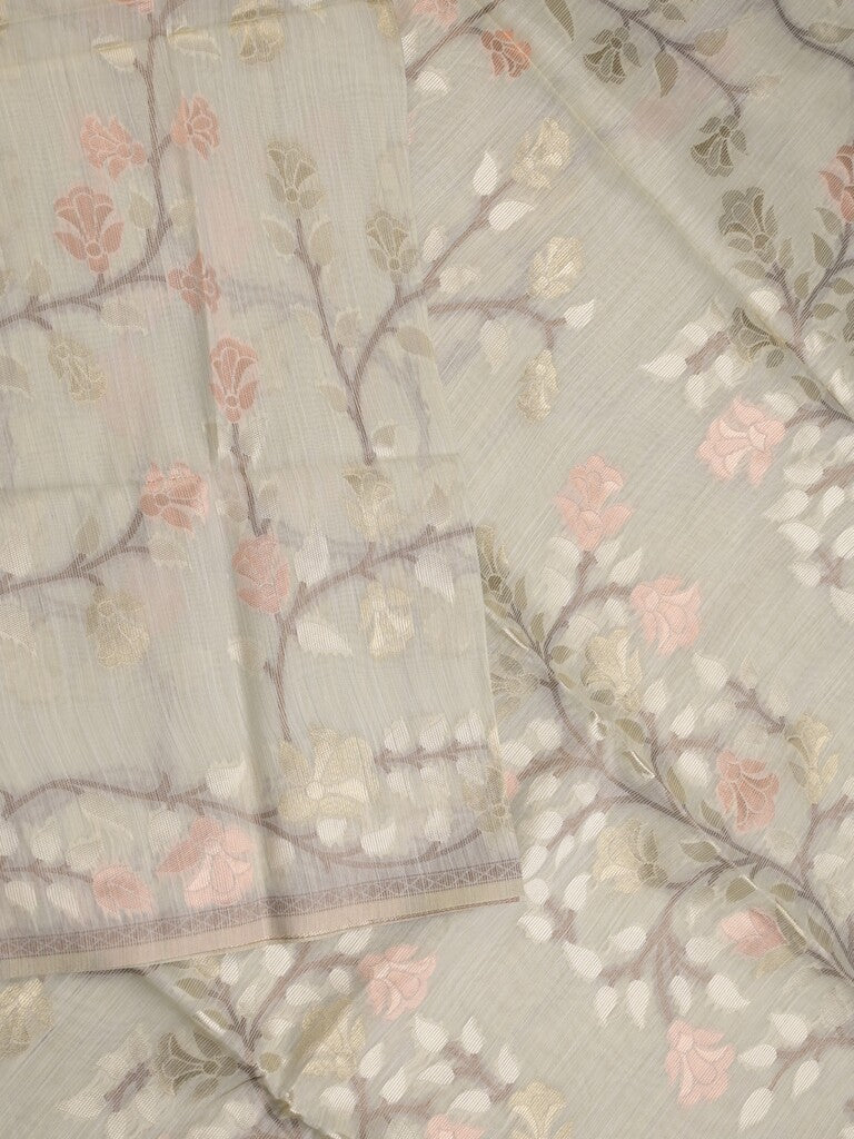 Chanderi fancy saree light grey color allover weaves & weaving pallu and attached plain blouse