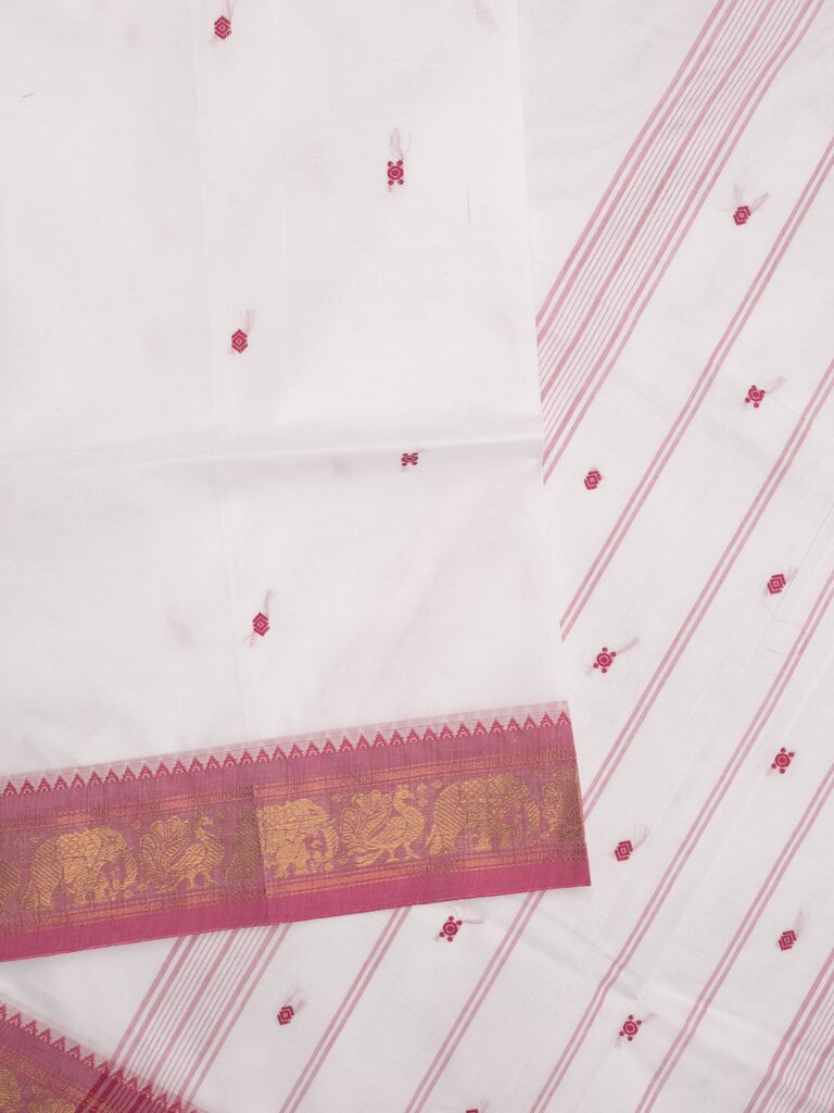 Kanchi cotton saree allover motifs and zari border with attached self-blouse