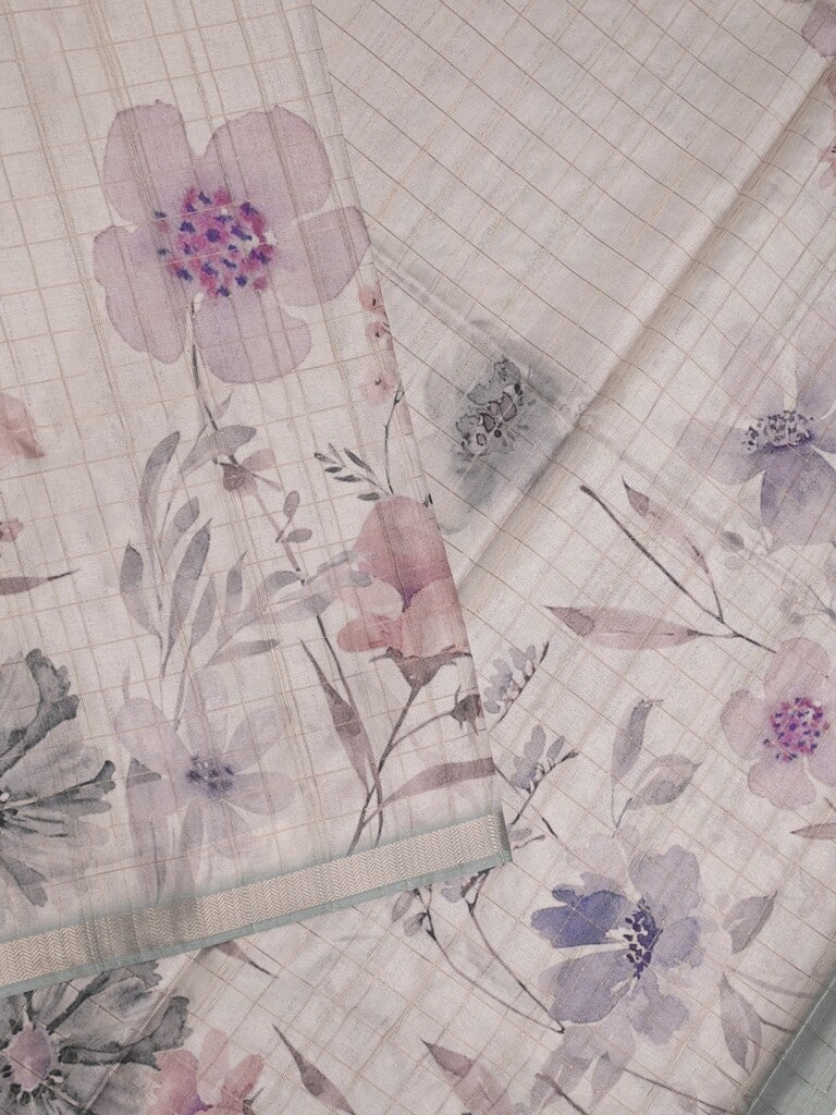 Tussar fancy saree pastel grey color allover prints & small kaddi border with short printed pallu and attached blouse
