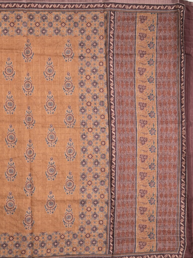 Tussar fancy saree light brown color allover prints & small kaddi border with short printed pallu and attached blouse