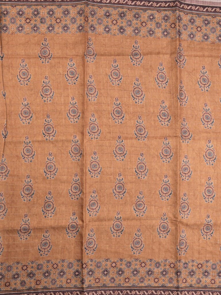 Tussar fancy saree light brown color allover prints & small kaddi border with short printed pallu and attached blouse