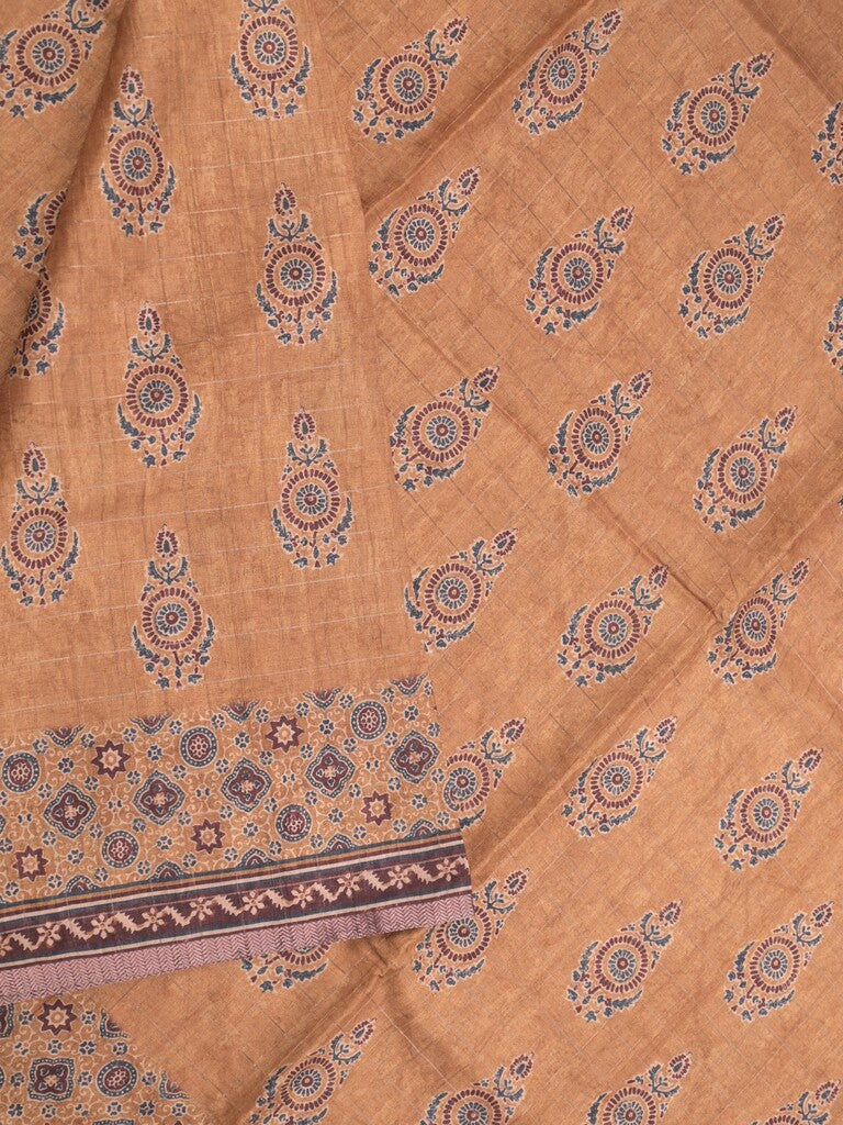 Tussar fancy saree light brown color allover prints & small kaddi border with short printed pallu and attached blouse