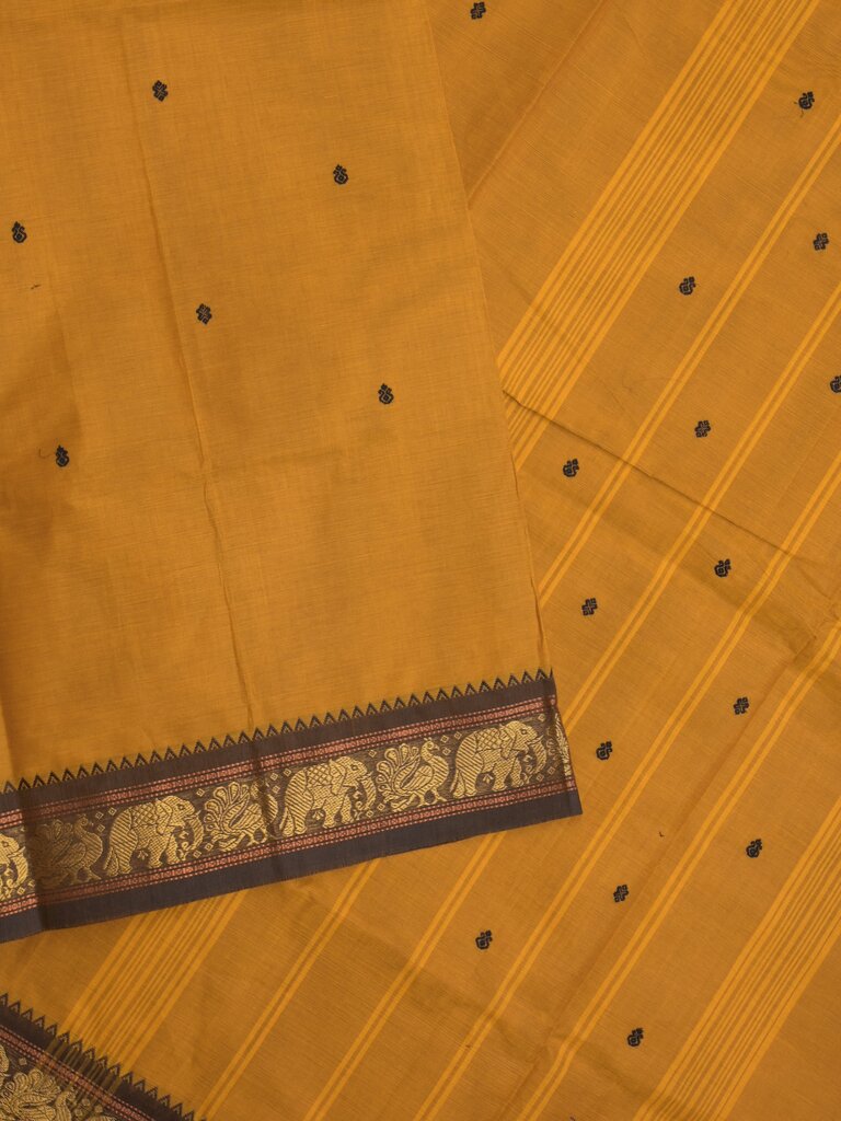 Kanchi cotton saree allover motifs and zari border with attached self-blouse