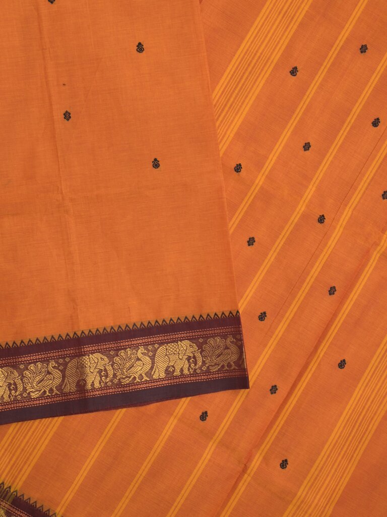 Kanchi cotton saree allover motifs and zari border with attached self-blouse