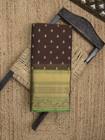 Seiko Raga zari-woven saree in dark brown color with zari border and rich pallu & contrast blouse