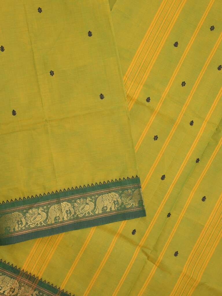 Kanchi cotton saree allover motifs and zari border with attached self-blouse