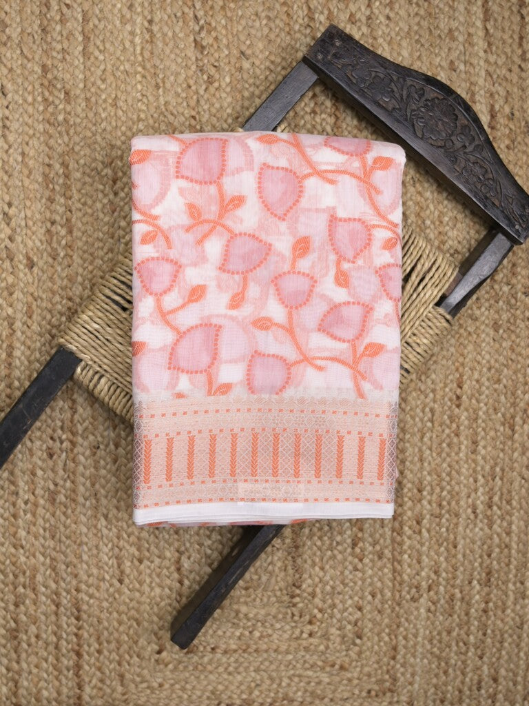 Chanderi fancy saree in white color with allover weaves and zari border with contrast pallu and blouse