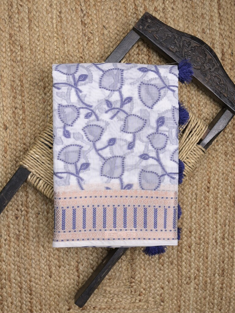 Chanderi fancy saree in white color with allover weaves and zari border with contrast pallu and blouse