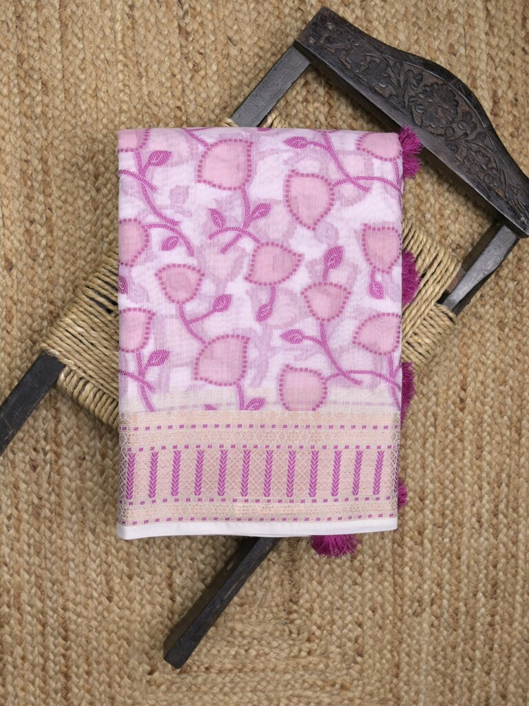 Chanderi fancy saree in white color with allover weaves and zari border with contrast pallu and blouse