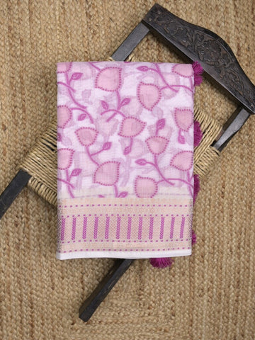 Chanderi fancy saree in white color with allover weaves and zari border with contrast pallu and blouse