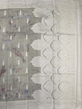 Chanderi fancy saree grey color allover weaves & zari border with rich pallu and attached blouse