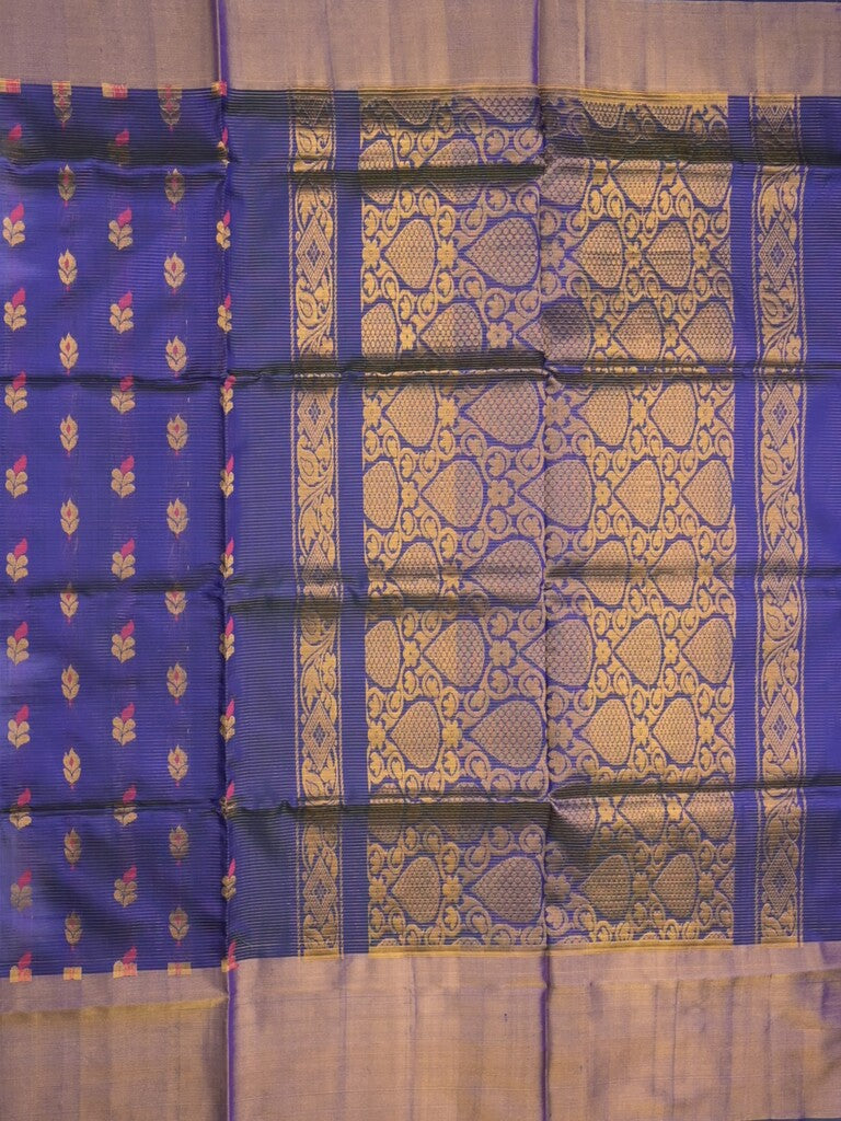 Uppada pattu saree peacock blue color allover zari motifs & long kaddi border with rich pallu and contrast plain blouse