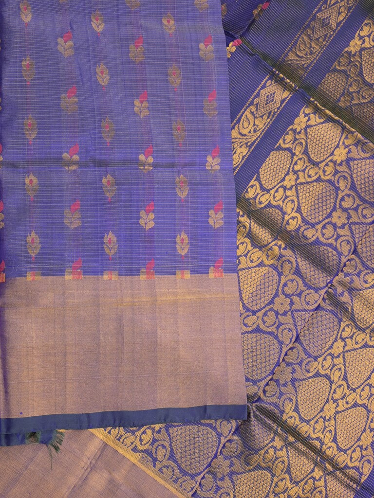 Uppada pattu saree peacock blue color allover zari motifs & long kaddi border with rich pallu and contrast plain blouse