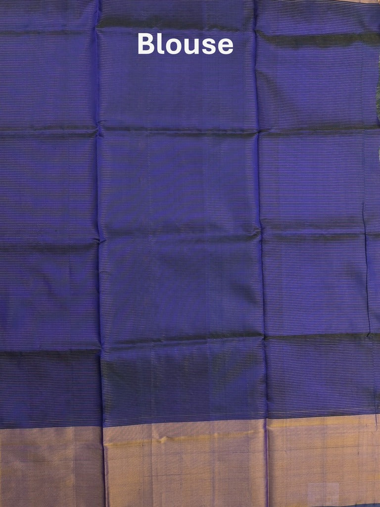 Uppada pattu saree peacock blue color allover zari motifs & long kaddi border with rich pallu and contrast plain blouse