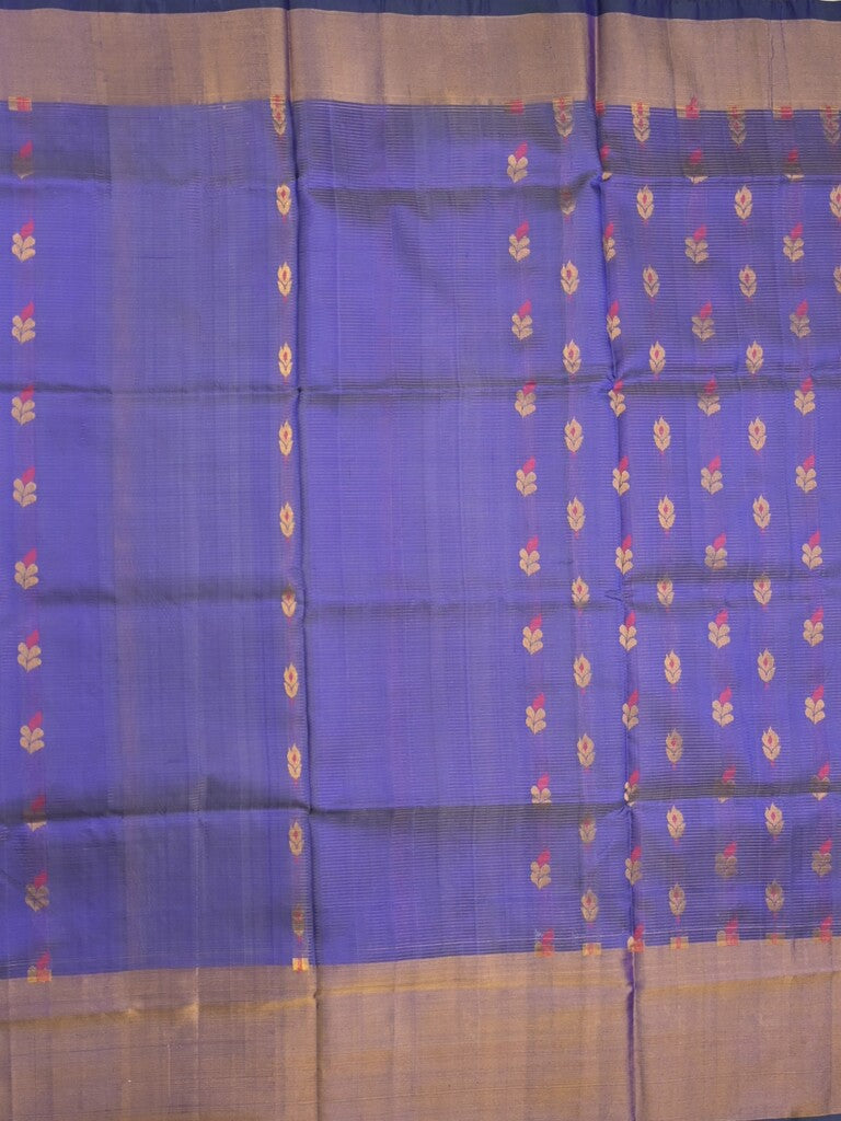 Uppada pattu saree peacock blue color allover zari motifs & long kaddi border with rich pallu and contrast plain blouse