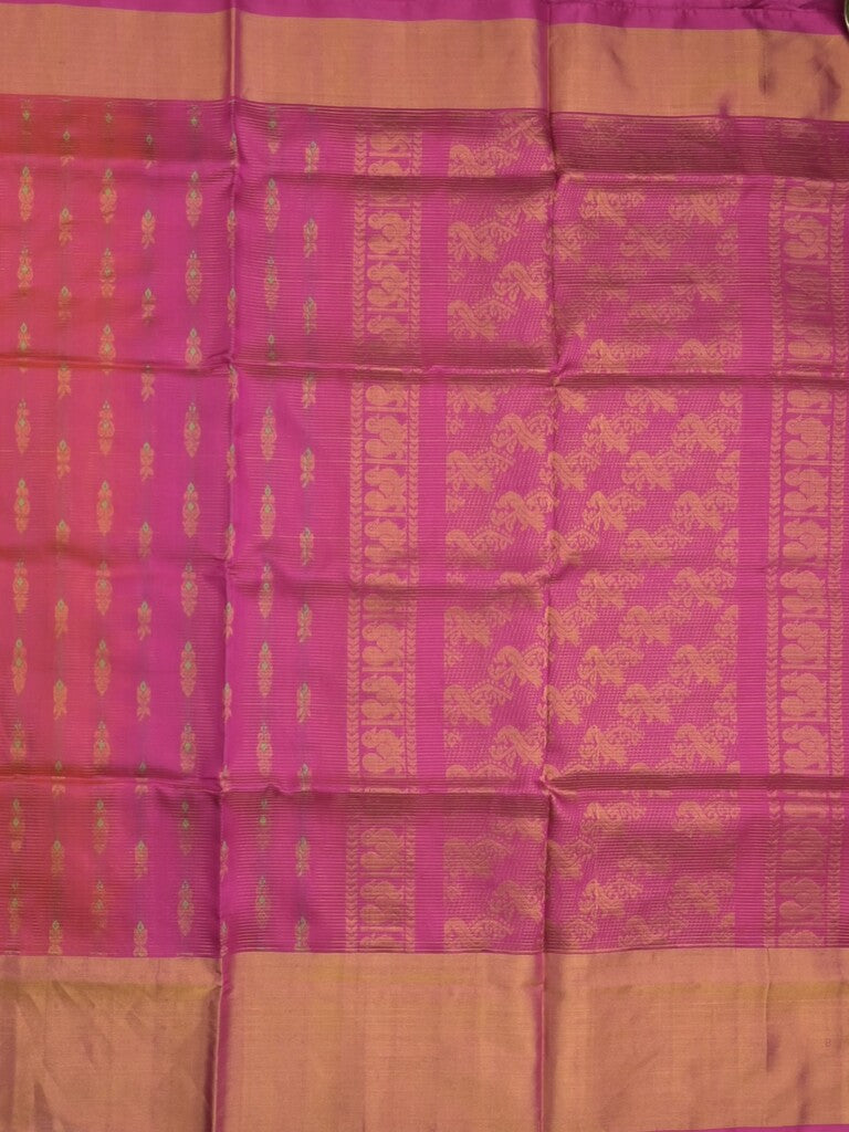 Uppada pattu saree pink color allover zari motifs & long kaddi border with rich pallu and contrast plain blouse
