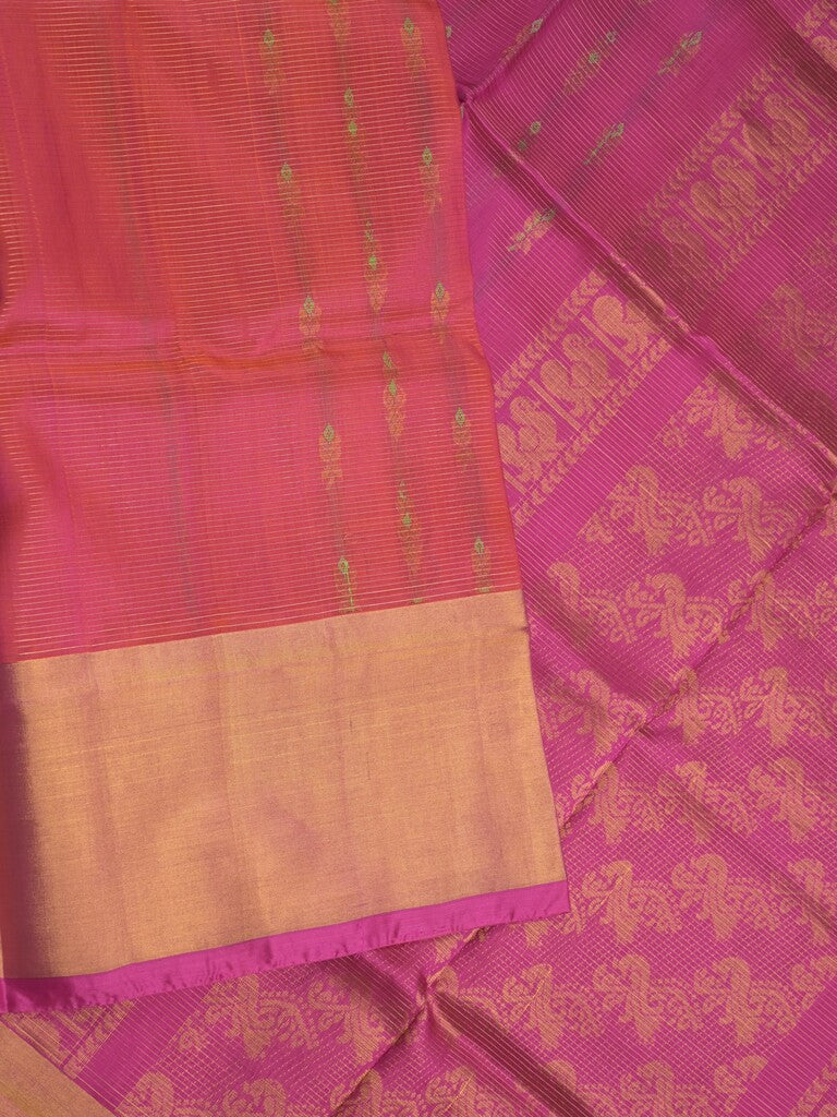 Uppada pattu saree pink color allover zari motifs & long kaddi border with rich pallu and contrast plain blouse