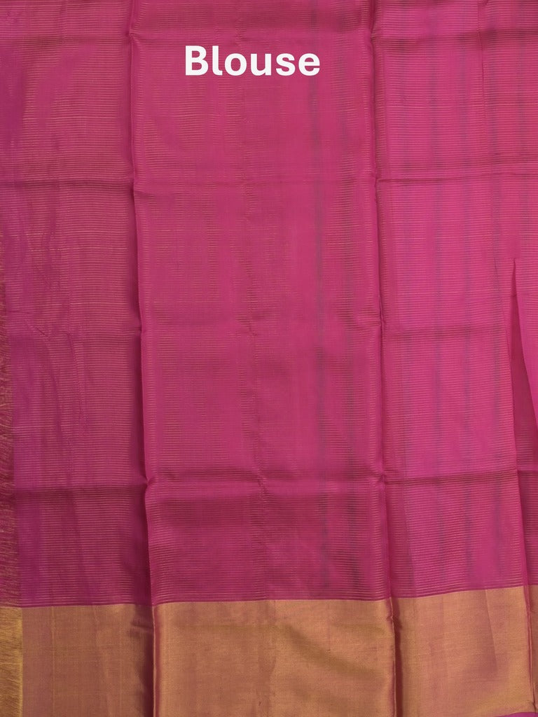 Uppada pattu saree pink color allover zari motifs & long kaddi border with rich pallu and contrast plain blouse