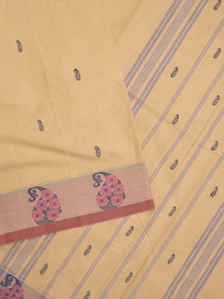 Kanchi cotton saree allover motifs and weaving border with attached self blouse