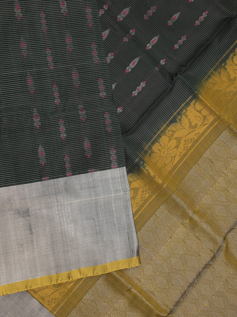 Uppada pattu saree black color allover zari motifs & long kaddi border with rich pallu and contrast plain blouse