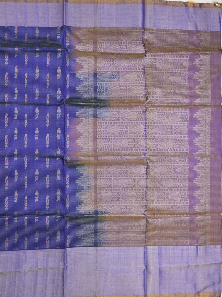 Uppada pattu saree royal blue color allover zari motifs & long kaddi border with rich pallu and contrast plain blouse