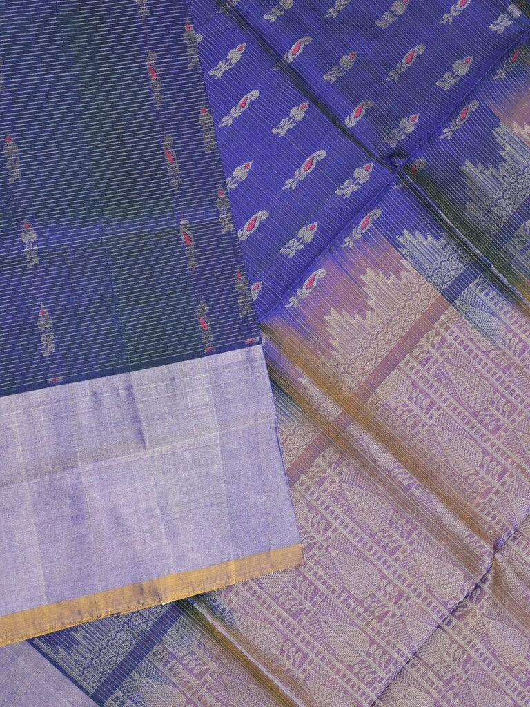 Uppada pattu saree royal blue color allover zari motifs & long kaddi border with rich pallu and contrast plain blouse