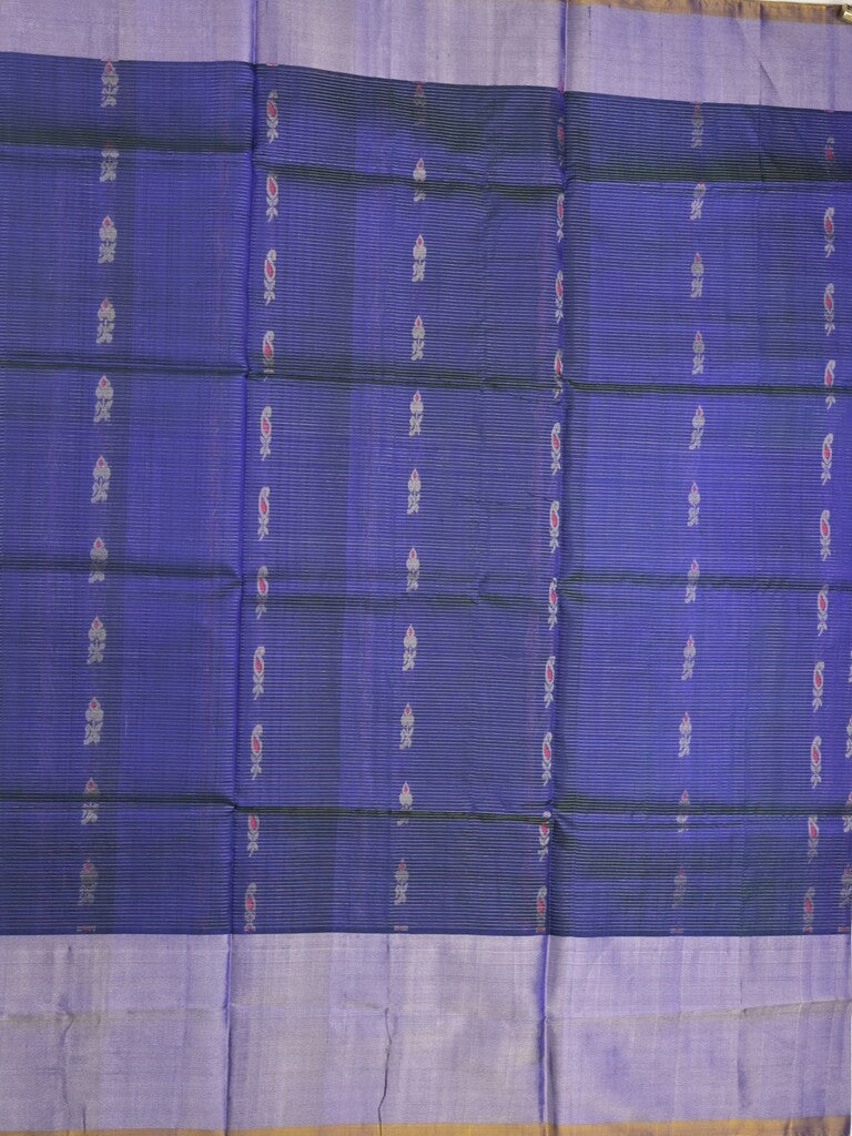 Uppada pattu saree royal blue color allover zari motifs & long kaddi border with rich pallu and contrast plain blouse