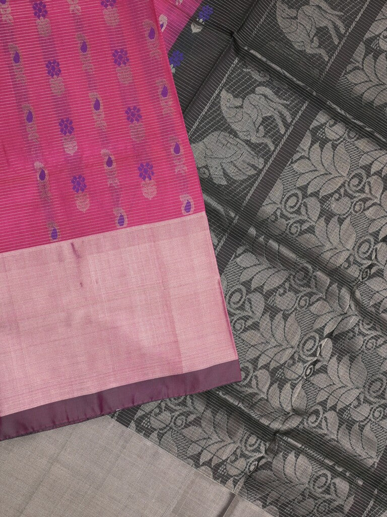 Uppada pattu saree pink color allover zari motifs & long kaddi border with rich pallu and contrast plain blouse