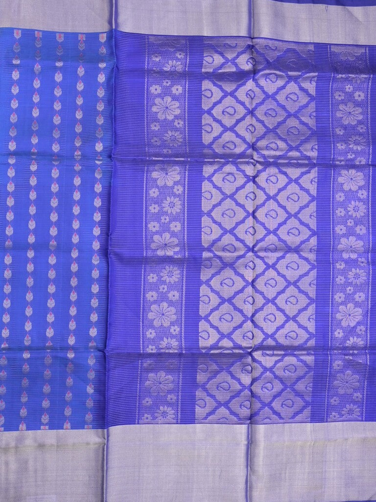 Uppada pattu saree blue color allover zari motifs & long kaddi border with rich pallu and contrast plain blouse